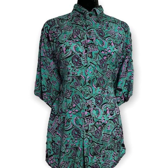 Bulletin Casual Button Up Shirt Men's Multicolor Large Retro Mixed Print Top VTG - Picture 3 of 6